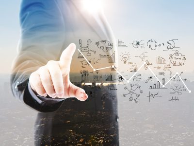 Abstract Double exposure of Business man touching an imaginary screen against white background